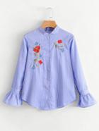 Romwe Flower Embroidery Curved Hem Striped Blouse