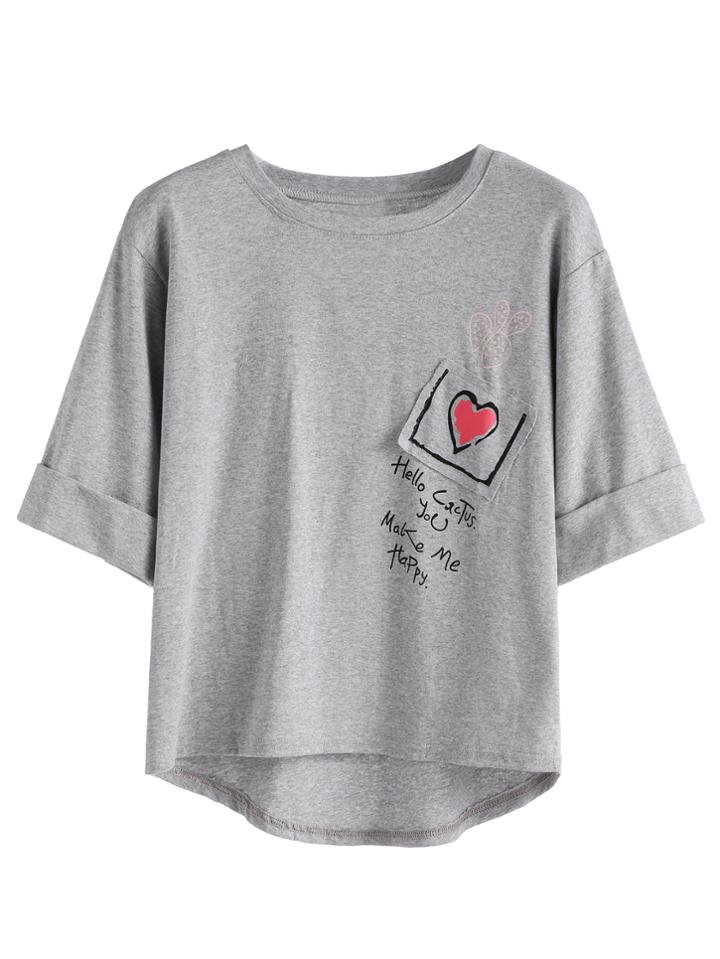 Romwe Light Grey Heart And Sentence Print Dip Hem Cuffed T-shirt