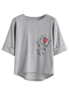 Romwe Light Grey Heart And Sentence Print Dip Hem Cuffed T-shirt