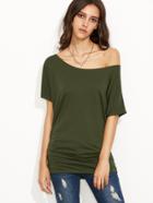 Romwe Army Green Oblique Shoulder Side Shirred T-shirt