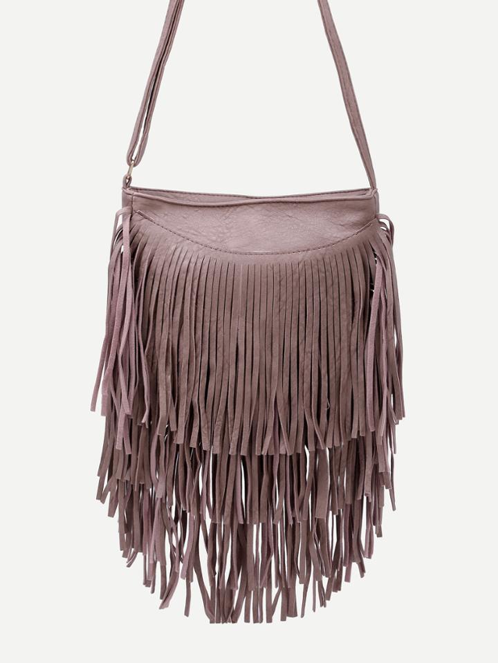 Romwe Pink Faux Leather Fringe Zipper Shoulder Bag