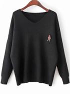 Romwe Black V Neck Drop Shoulder Loose Sweater With Brooch