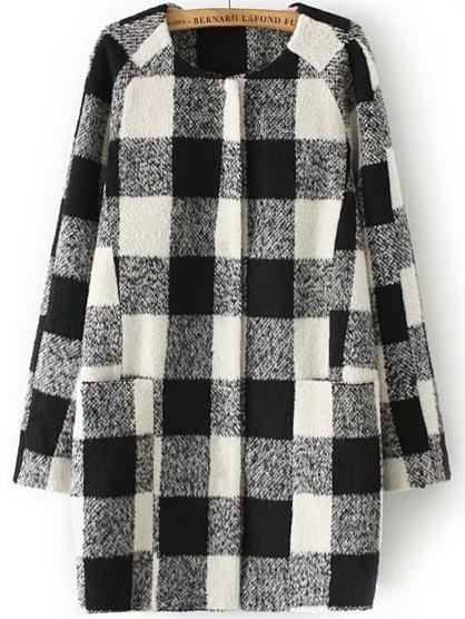 Romwe Round Neck Plaid Patchwork Coat