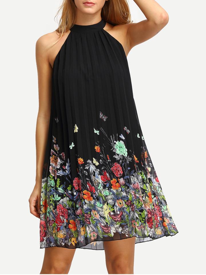 Romwe Black Print Cut Away Shift Dress