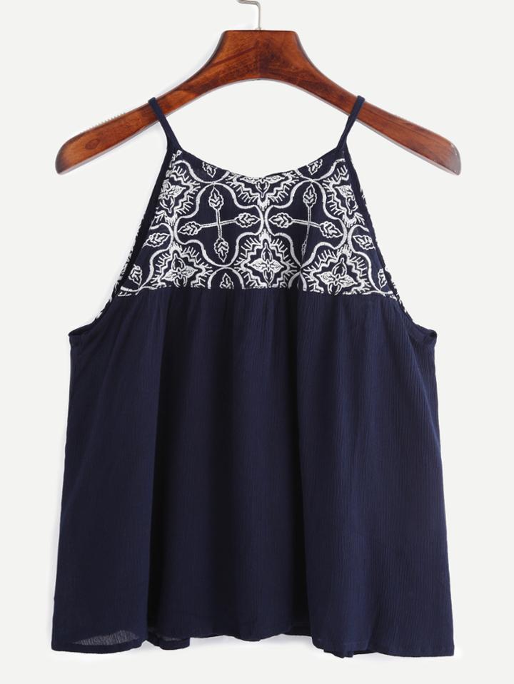 Romwe Navy Buttoned Keyhole Embroidered Cami Top