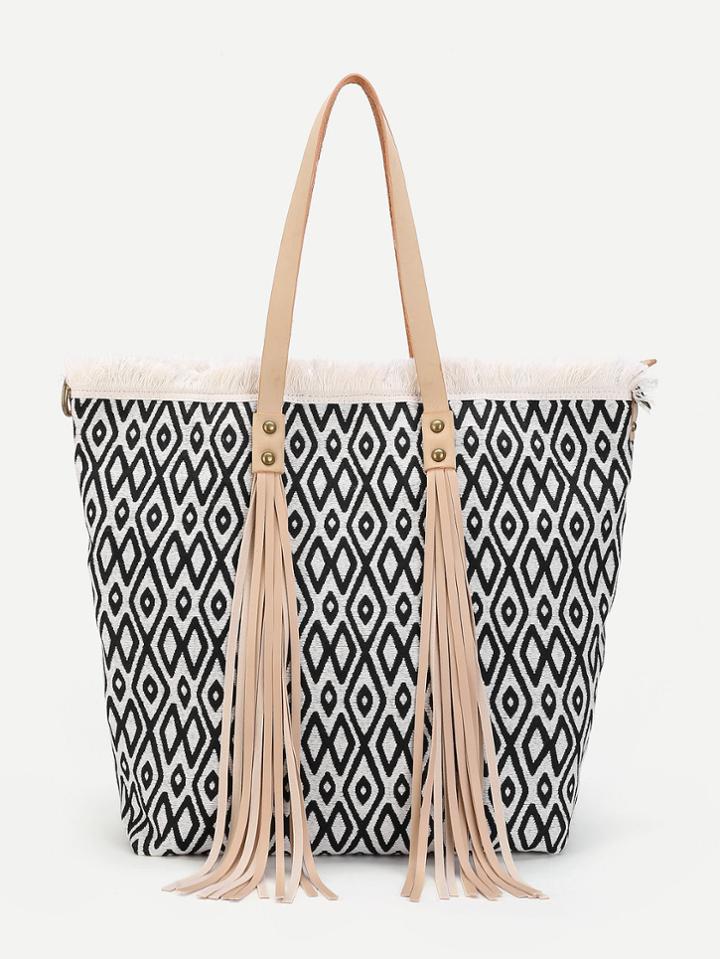Romwe Tassel Detail Geometric Pattern Tote Bag