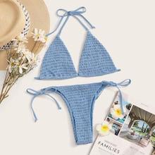 Romwe Smocked Triangle Halter Top With Tie Side Bikini
