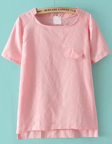 Romwe Stand Collar Pocket Dip Hem Pink T-shirt