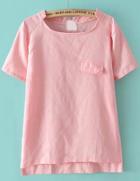 Romwe Stand Collar Pocket Dip Hem Pink T-shirt