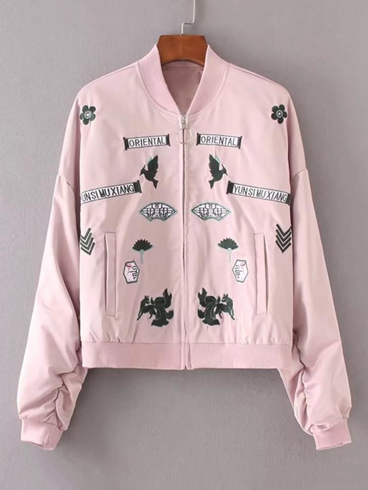 Romwe Embroidered Design Bomber Jacket