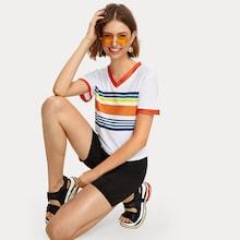 Romwe Contrast Binding Striped V-neck Tee