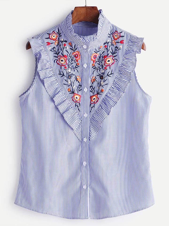 Romwe Blue Striped Ruffle Trim Embroidered Sleeveless Blouse