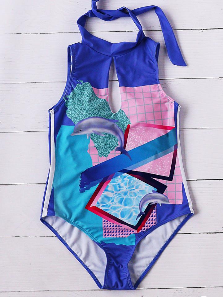 Romwe Multicolor Dolphin Print Keyhole One-piece Swimwear