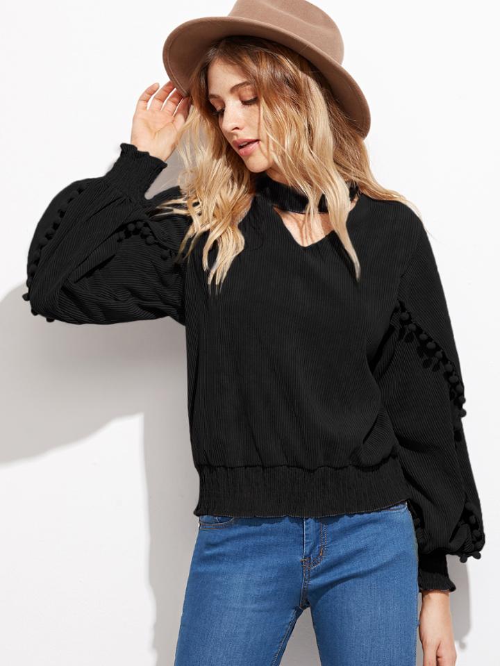 Romwe Black Lantern Sleeve Elastic Hem Pompom Detail Top