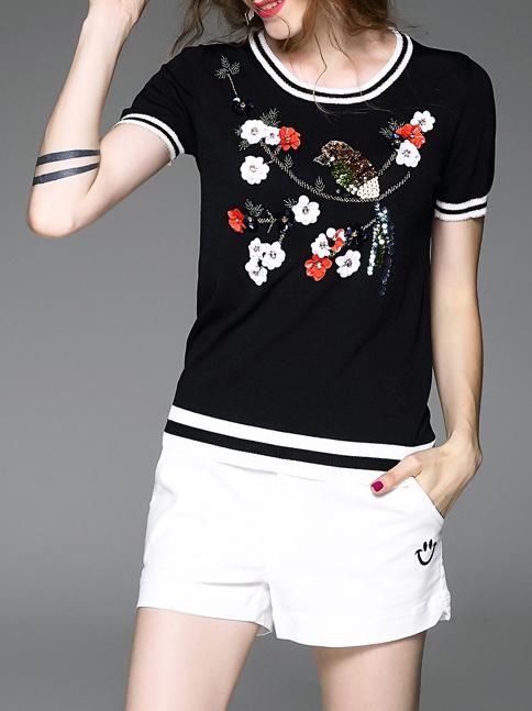 Romwe Black Flowers Beading Sequined Striped Sweatshirt
