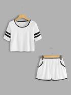 Romwe Contrast Trim Varsity Striped Tee With Shorts