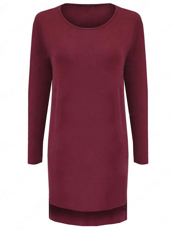 Romwe Long Sleeve Split Side Burgundy T-shirt