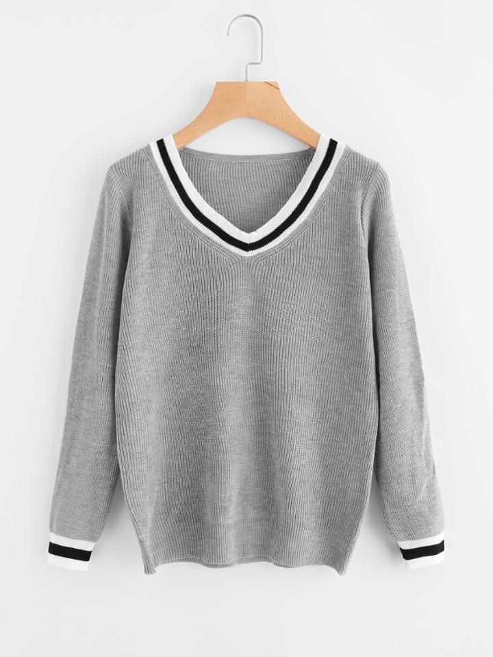 Romwe Varsity Striped Trim Sweater