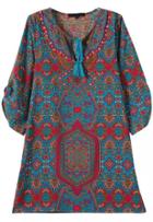 Romwe Red Blue Knotted Collar Tribal Print Loose Dress