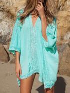 Romwe Green Deep V-neck Lace Insert Beach Dress
