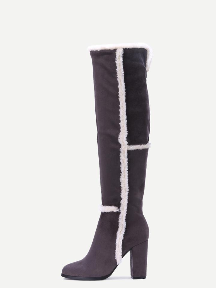 Romwe Grey Faux Suede Point Toe Knee High Boots