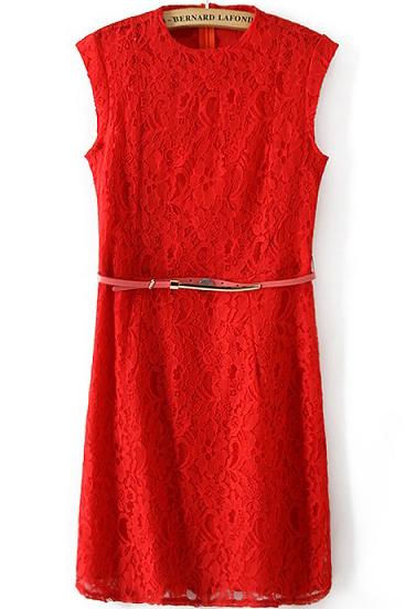 Romwe Stand Collar Sleeveless Lace Slim Red Dress