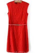 Romwe Stand Collar Sleeveless Lace Slim Red Dress