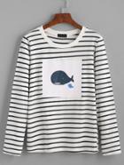 Romwe Black Striped Whale Print T-shirt