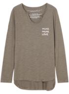 Romwe Dip Hem Letter Print Long Sleeve Army Green T-shirt
