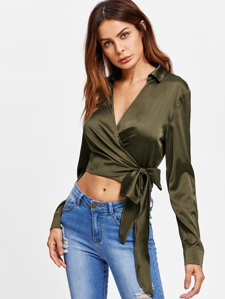 Romwe Roll Tab Sleeve Plunging Surplice Wrap Blouse