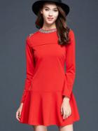 Romwe Red Round Neck Long Sleeve Beading Dress