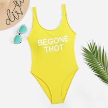 Romwe Neon Yellow Slogan U Back One Piece Swimsuit