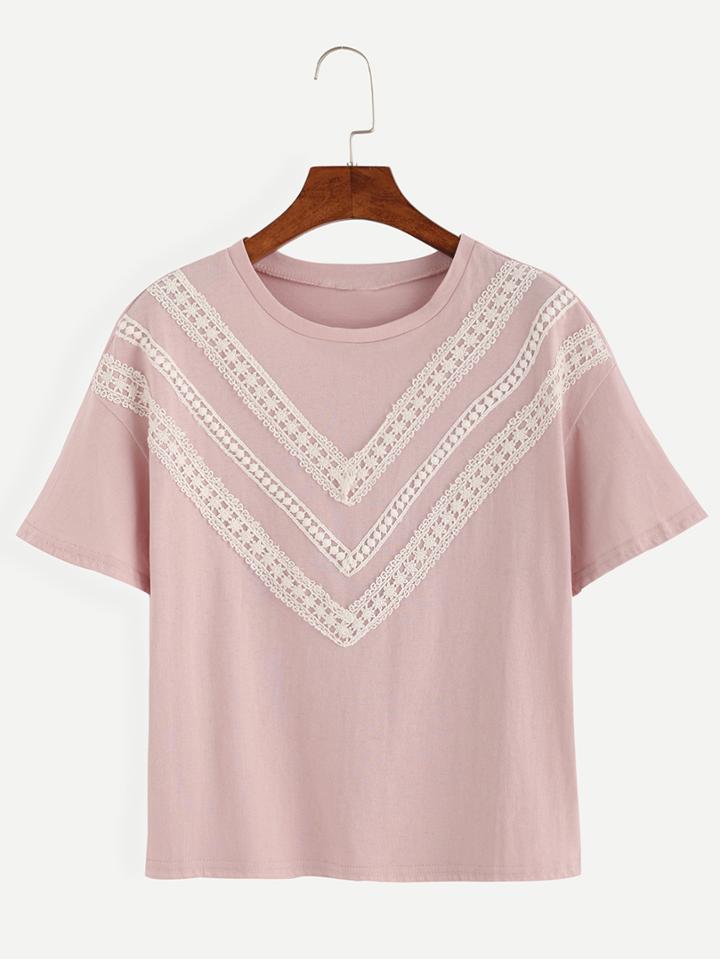 Romwe Pink Lace Embellished Drop Shoulder T-shirt