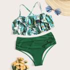 Romwe Random Tropical Layered Top With Ruched Bikini Set