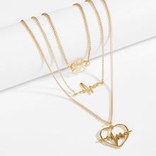 Romwe Heartbeat & Flower Pendant Layered Necklace