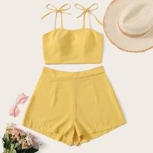 Romwe Solid Shirred Knot Cami Top With Shorts
