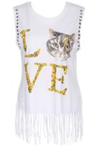 Romwe Romwe Love & Cat Head Print Tassels White Vest