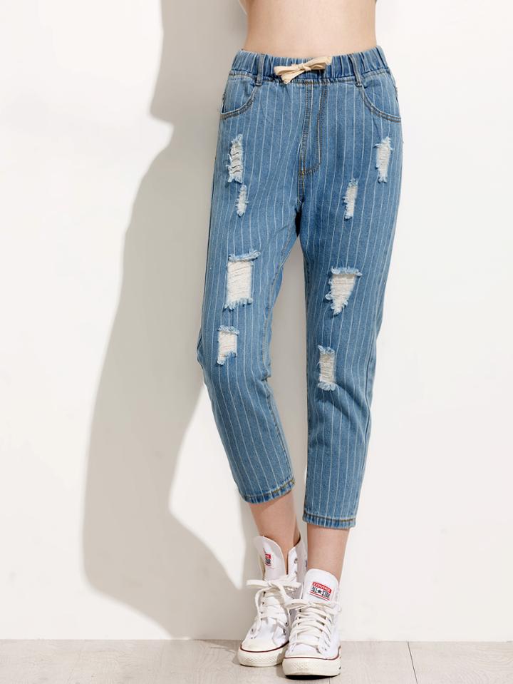 Romwe Blue Vertical Striped Ripped Drawstring Waist Jeans
