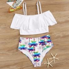 Romwe Flounce Top With Random Palm Tree Print Bikini
