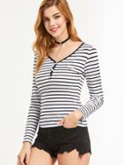 Romwe Striped V Neck Button T-shirt