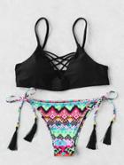Romwe Criss Cross Tassel Tie Bikini Set