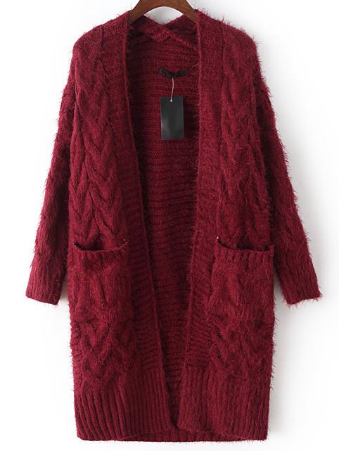 Romwe Burgundy Cable Knit Mohair Sweater Coat With Pocket