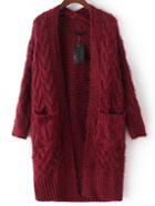 Romwe Burgundy Cable Knit Mohair Sweater Coat With Pocket