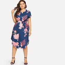 Romwe Plus Floral Print Self Tie Curved Hem Dress