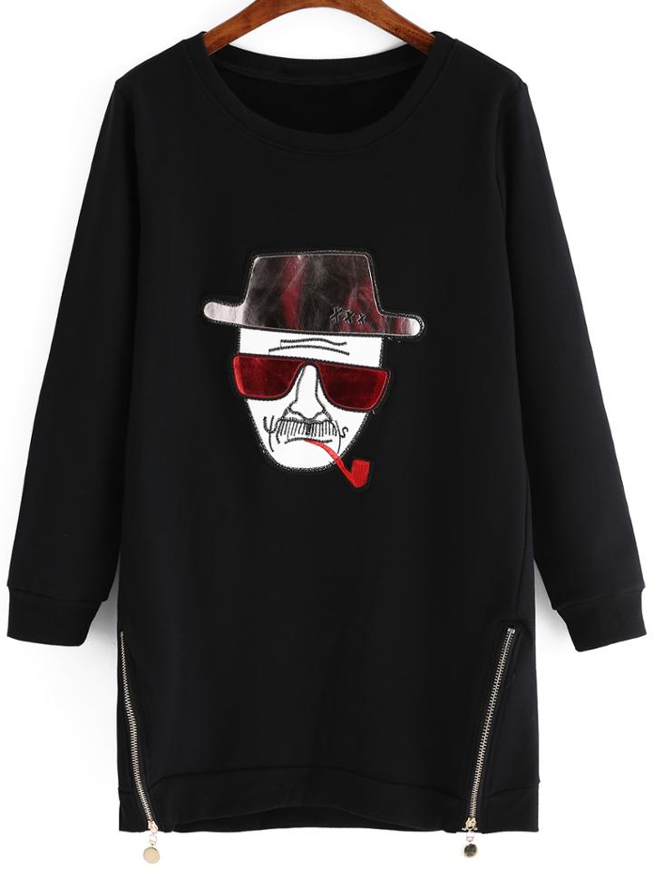Romwe Cartoon Embroidered Patch Sweatshirt Dress With Zippers
