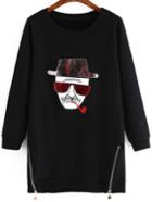Romwe Cartoon Embroidered Patch Sweatshirt Dress With Zippers