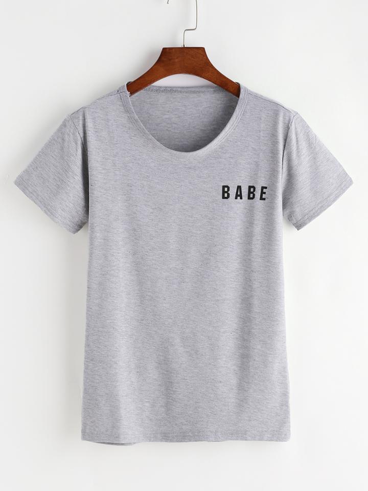 Romwe Grey Letter Print Causal T-shirt