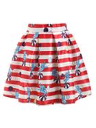 Romwe Red Striped Elephant Print Flare Skirt