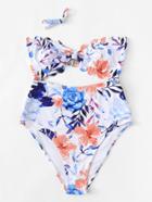 Romwe Scalloped Trim Floral Swimsuit