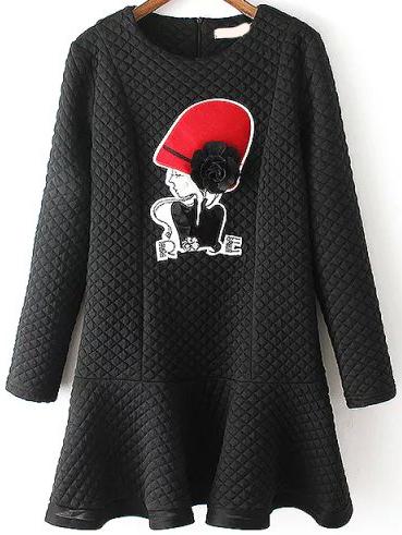 Romwe Long Sleeve Cartoon Patch Drop Waist Dress